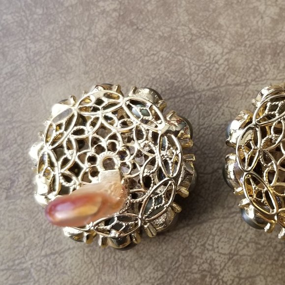 RARE VINTAGE STATEMENT JOSE & MARIA BARRERA PEARL STONE CRYSTAL FLOWER EARRINGS - Picture 5 of 12